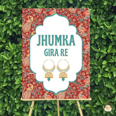 This sign is the perfect way to showcase your jhumka bar/station!! It's a classic song and will make for a fun conversation starter! 💗 Head over to @FullahPrints on Etsy for more! 💖 What Jhumka, Bollywood Night, Couple Illustration Wedding, Jewelry Table, Fun Conversation Starters, Event Sign, Classic Songs, Couple Illustration, Table Sign