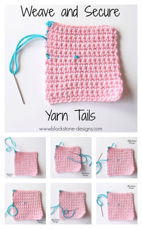 Pink single crochet swatch with blue yarn tail showing how to weave in ends. Crochet Weaving In Ends, Crochet Ends Weave, Weaving Ends In Crochet, How To End Your Crochet Project, Weave Ends In Crochet, Weave In Ends Crochet, Crochet Weave In Ends, Weaving In Ends Crochet, How To Weave In Ends Crochet