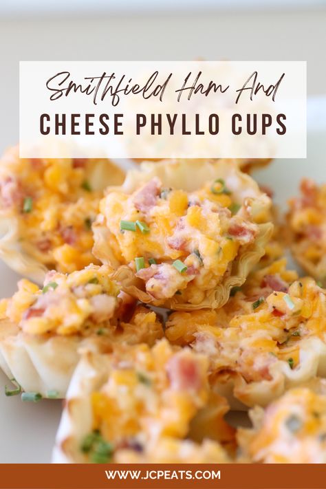 Smithfield Ham and Cheese Phyllo Cups Phylo Cups Ideas, Ham Appetizers Finger Foods, Savory Phyllo Cups, Phyllo Dough Ham And Cheese, Appetizer Recipes Phyllo Cups, Phyllo Cup Appetizers Cold, Breakfast Phyllo Cups, Ham And Cheese Cups, Phyllo Cup Appetizers Easter