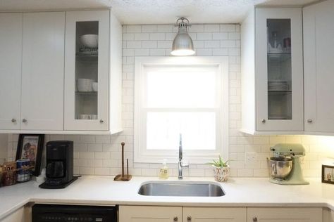 Countertop Concrete, Faux Brick Backsplash, Tile Steps, Diy Bird Feeder, Kitchen Stand, Subway Tile Backsplash, Kitchen Paint, Counter Tops, Kitchen Window