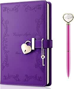 Mousbull Lock Diary with Key and Pen for Girls, 192 Pages Vintage Leather Heart Shaped Journal Notebook with Lock and Diamond Pen, A5 Cute Locked Secret Diaries for Women (Purple) Notebook With Lock, Lock Diary, Purple Office, Vintage Leather Journals, Leather Journal Notebook, Leather Heart, Diamond Pen, Secret Diary, Leather Journal