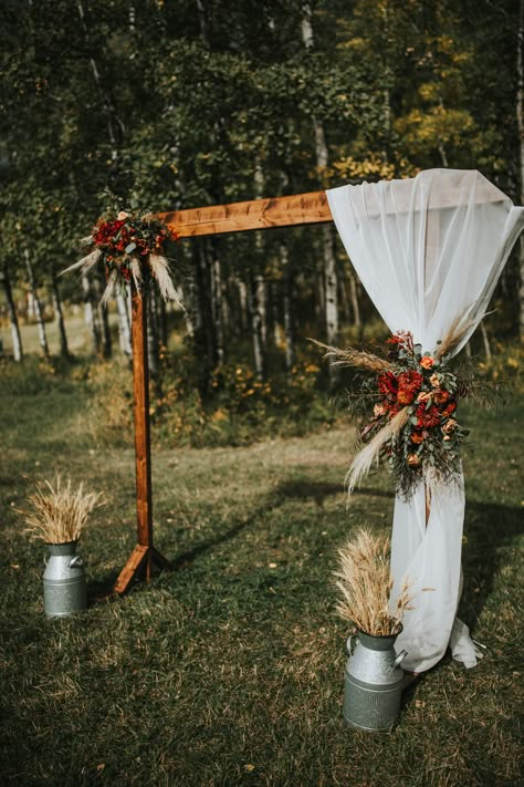 Fall, Boho and rustic arch! Boho Arch Decoration Wedding, Wood Wedding Arch With Flowers, Wood Alter Wedding, Farm Wedding Arch, Western Wedding Arch Rustic, Boho Western Wedding Ceremony Decor, Country Wedding Arches Rustic, Wedding Arch Western, Cheap Wedding Arch Ideas