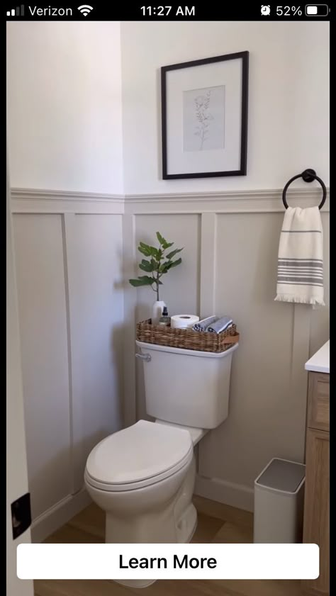 Panelling Toilet Room, White Paneling Walls Bathroom, Half Panel Bathroom, Small Bathroom Ideas With Panelling, Cloakroom Toilet Ideas Panelling, Powder Room Panelling, Panelled Small Toilet, Panelling Downstairs Loo, Panelling Toilet