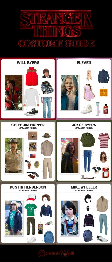 Dress up like all the characters from the popular sci-fi show, Stranger Things. See how you can cosplay all the characters from the mysterious little town of Hawkins, Indiana. Stranger Things Costume Ideas, Disfraces Stranger Things, Stranger Things Halloween Party, Stranger Things Halloween Costume, Stranger Things Cosplay, Hawkins Indiana, Look 80s, Stranger Things Outfit, Stranger Things Costume