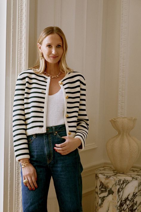 Inside My Wardrobe: Hannah Strafford-Taylor | SheerLuxe Stripe Cardigan Outfit, A Life Less Ordinary, Spring Ootd, Black Chiffon Dress, Look Office, Alexander Mcqueen Dresses, French Outfit, Followers On Instagram, Estilo Preppy