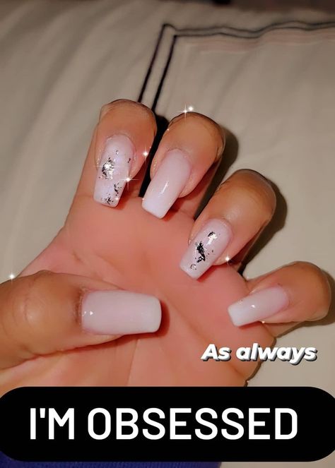 Nails With Silver Foil, Coffin White Nails, Ombre Coffin, Nails With White, Nail Looks, Metallic Nails, Foil Nails, Silver Foil, White Nails