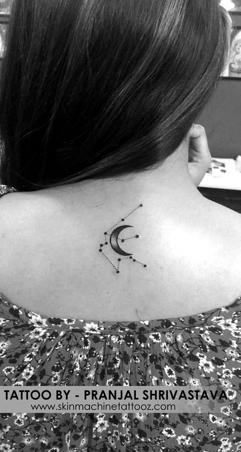 half Moon with Aquarius constellations. Tattoo by : Pranjal Shrivastava Skin Machine Tattoo Studio . Bhopal Email for appointments : skinmachineteam@gmail.com Aquarius Moon Tattoo, Constellations Tattoo, Tattoo Aquarius, Constellation Aquarius, Tattoo Dream, Aquarius Constellation Tattoo, Moon Zodiac, Skin Tattoo, Aquarius Constellation