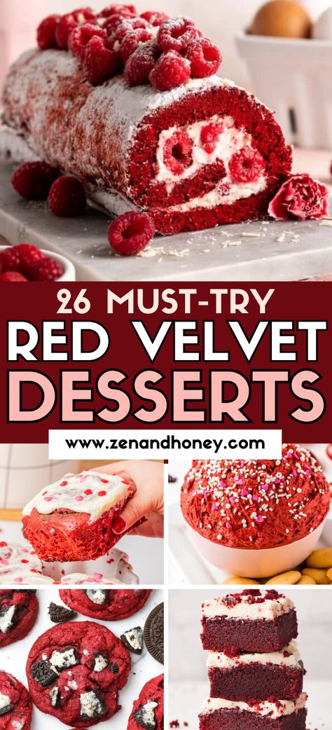 If you’re looking for easy red velvet dessert recipes, here’s a very sweet and delicious collection of 26 absolutely great red velvet recipes. Red velvet cinnamon rolls, red velvet cheesecake, red velvet brownies, red velvet cookies and many more easy desserts! Red Cheesecake Velvet, Red Velvet Christmas Desserts, Ruby Chocolate Recipes, Red Velvet Cinnamon Rolls Recipe, Red Food Ideas Party, Red Velvet Dessert Recipes, Boozy Deserts, Cheesecake Dips, Red Velvet Trifle