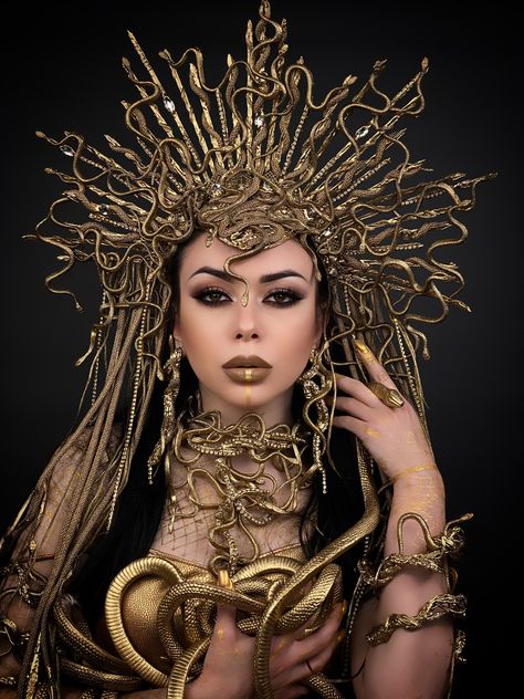 Luxury Halloween Costume Party Dresses, A Crown Of Gold And Serpents, Monster High Halloween Costumes Cleo De Nile Gold Mummy Body Suit, Hades Costume Plus Size, Luxury Cosplay Costume For Costume Party, Snake Fancy Dress Women, Black Luxury High Crown Costume Headpiece, Luxury Handmade Gold Headpieces, Golden Head Gear Black Dress