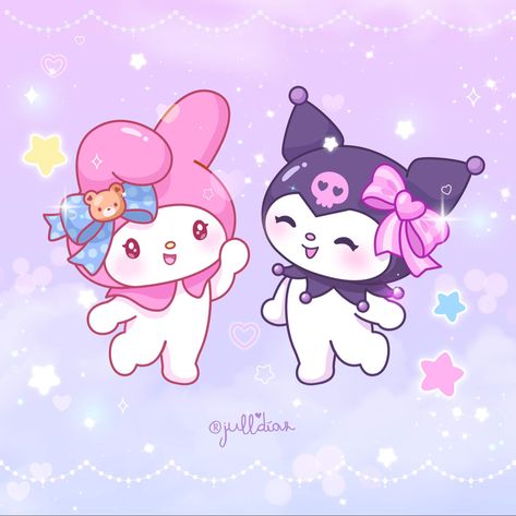 Sanrio my melody kuromi ilustración kawaii Kurumi Y Melody, My Melody Y Kuromi, Kuromi Y My Melody, Kuromi And My Melody, 3d Wallpaper Cute, Pink Glitter Wallpaper, Cute Kuromi, Images Hello Kitty, 1st Birthday Girl Decorations