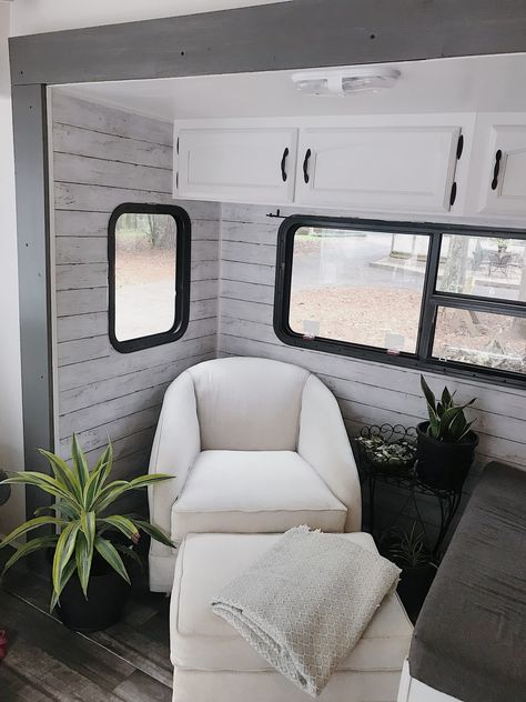 Hybrid Camper Remodel Before And After, Camper Renovation Grey And White, Bunkhouse Travel Trailer Remodel, Bunk House Travel Trailer Remodel, Renovating Rv Bunkhouse, Camper Organization Rv Living, Forest River Travel Trailer, Travel Trailer Decor, Glamper Camper