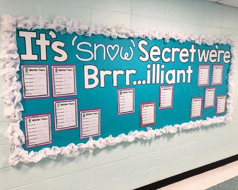 Andrea on Instagram: “I finally got my winter bulletin board up! ❄️ We usually make coffee filter tie-dye snowflakes to go along with their winter poems but the…” 3d Snowman Bulletin Board, Winter Science Bulletin Boards, Winter Writing Bulletin Boards, Elementary Winter Bulletin Board Ideas, Winter Board Ideas For School, Snow Flake Bulletin Board Ideas, Bulletin Boards For Winter, Winter Bulletin Board Kindergarten, Winter School Bulletin Board Ideas