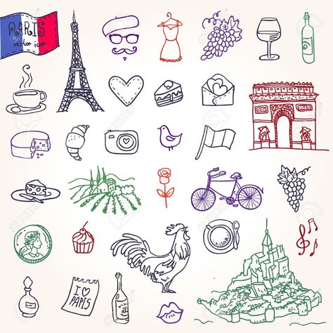 Symbols of France as funky doodles Stock Vector - 24928729 France Tattoo, French Symbols, Doodle Pictures, Travel Doodles, About France, Paris Tattoo, French Tattoo, Symbol Drawing, France Drawing