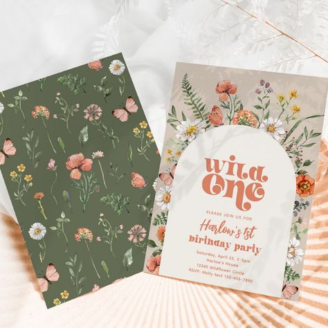 Wildflower Birthday Invitation | Wildflower First - birthday invitation Wildflower First Birthday, Wildflower Birthday Party, Wildflower Birthday, Baby First Birthday Themes, Baby Birthday Decorations, Wild One Birthday Party, 1st Birthday Party Themes, Baby In Bloom, 1st Birthday Themes