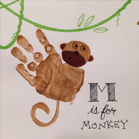 M is for Monkey Handprint M Is For Monkey Handprint, M Is For Handprint Craft, Monkey Handprint Art, M Handprint Craft, M Preschool Crafts, Letter M Handprint Craft, M Is For Monkey Craft, Letter N Handprint, M Crafts For Preschool