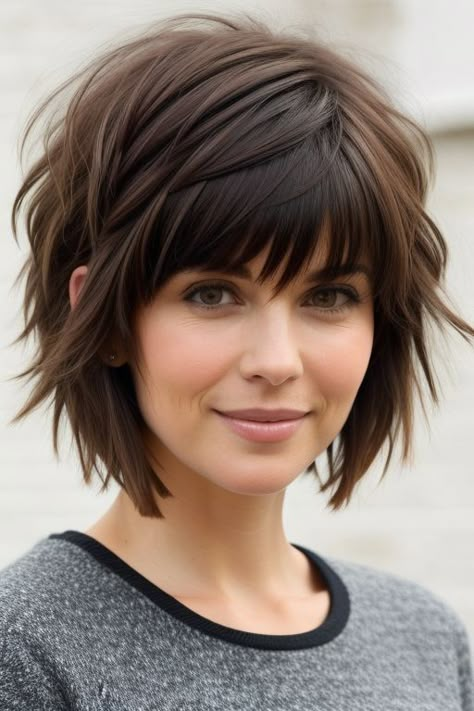 28+ Short Shag Haircuts 17 Short Emo Bangs, Edgy Short Hair With Bangs, Inverted Shag Haircut, Tapered Shag Haircut, Layered Shag Hairstyles Medium Over 50, Short Shag Hairstyles With Bangs, Shaggy Stacked Bob, Short Bob Shag, Short Shag With Bangs Layered Cuts