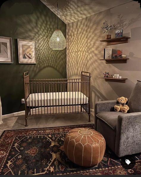 Green And Light Brown Nursery, Speakeasy Nursery, Nursery Dark Academia, Dark Earthy Nursery, Dark Theme Nursery, Unconventional Nursery Ideas, Cozy Modern Nursery, Non Traditional Nursery Ideas, Hobbit Inspired Nursery