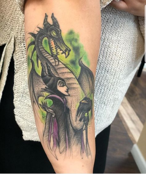 Malificent Tattoo Dragon, Maleficent And Dragon Tattoo, Maleficent Dragon Tattoo, Malificent Tattoo Design, Maleficent Tattoo, Sticker Sleeve, Tats Ideas, Disney Sleeve Tattoos, Kids Tattoo