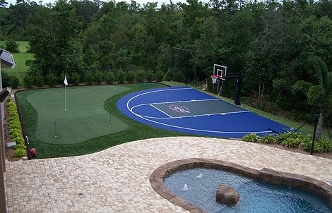 Home Outside Basketball Court, Pool And Basketball Court Small Backyard, Backyard Basketball Courts, Backyard Basketball Court And Pool, Basketball Court Backyard Landscaping, Home Outdoor Basketball Court, Pool And Sport Court Backyard, Multisport Court Backyard, Basketball Court In Backyard