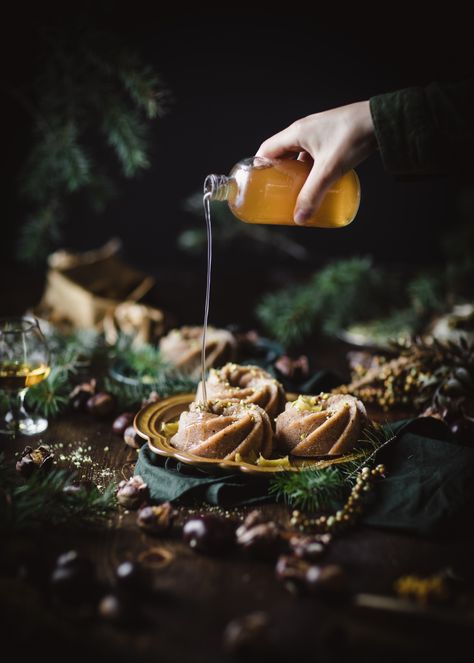 Chestnut Cake with Brown Butter | Adventures in Cooking Chestnut Spread, Chestnut Cake, Rustic Food Photography, Moody Food Photography, Lemon Syrup, Round Plates, Mini Bundt Cakes, Roasted Chestnuts, Food Photography Inspiration