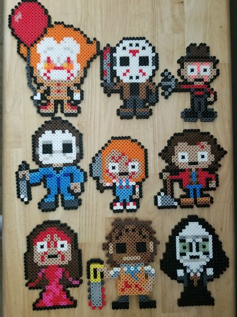 Horror/Halloween collection #1. Pennywise Jason Freddy Michael Myers Chucky Carrie leatherface. C137DESIGNS etsy store. Ghost Activities, Perler Magnets, Perler Halloween, Halloween Perler, Jason Friday The 13th, Bead Templates, Melt Beads Patterns, Jason Friday, Hamma Beads Ideas