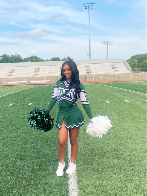 Green And White Cheerleading Uniform, Cheerleading Outfits High School, Green Cheer Uniforms, Black Cheerleader Aesthetic, Plus Size Cheerleader, Cheerleading Outfits Aesthetic, Cheer Uniform High School, High School Cheer Uniforms, School Cheer Uniforms