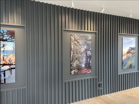 Wall feature Wood Slat Wall Office, Slat Wall Office, Living Room Panelling, Wall Office, Wall Feature, Wood Slat Wall, Office Remodel, Feature Walls, Bachelor Pad