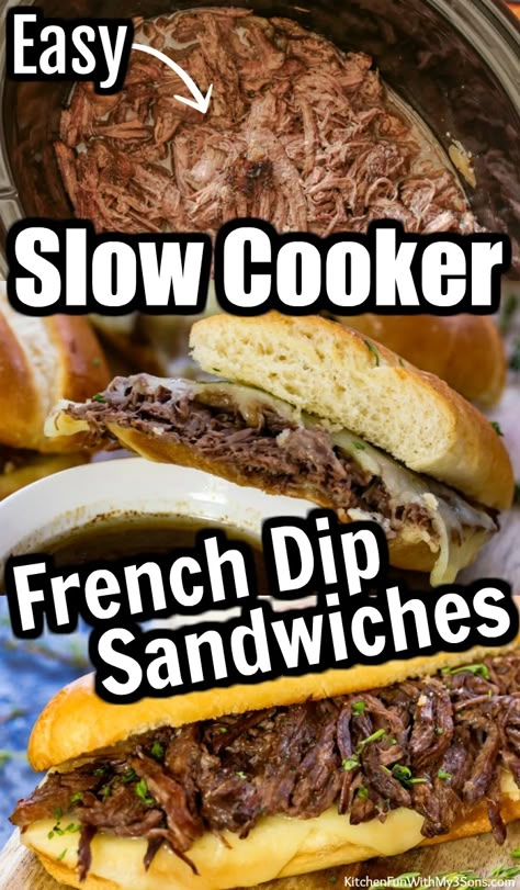 French Dip Sandwich Recipe, French Dip Sandwich Crockpot, Slow Cooker French Dip, Hot Roast Beef Sandwiches, Roast Beef Sandwich Recipes, Beef Au Jus, Au Jus Recipe, Beef Sandwich Recipes, French Dip Sandwiches