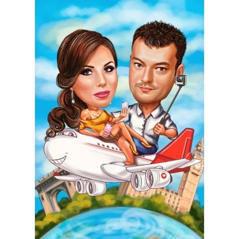 Travel Caricature, Travelling Couple, Drawing Tube, Traveling Couple, Emotional Gifts, Png Images For Editing, Caricature Portrait, Personalized Caricature, Caricature From Photo