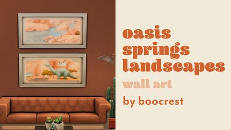 screenshot of a sims 4 living room featuring 2 oasis springs landscape frames. Sims 4 Wall Art Cc, Sims 4 Cc Art, Sims 4 Add Ons, Sims 4 Maxis Match, Oasis Springs, Willow Creek, Spring Landscape, Sims 4 Build, Cc Sims