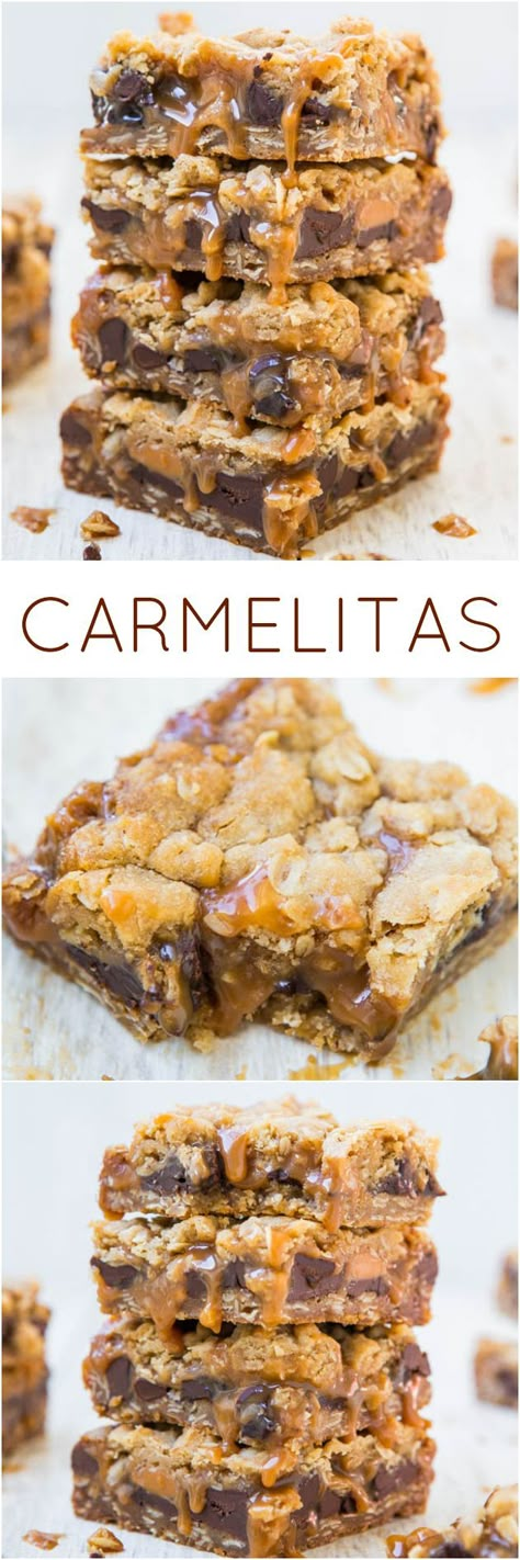 Carmelitas - Easy one-bowl, no-mixer recipe. With a name like that, they have to be good!! Dessert Chocolate, Good Eat, God Mat, Dinner Healthy, Bar Cookies, Cannoli, Yummy Sweets, Granola Bars, How Sweet Eats