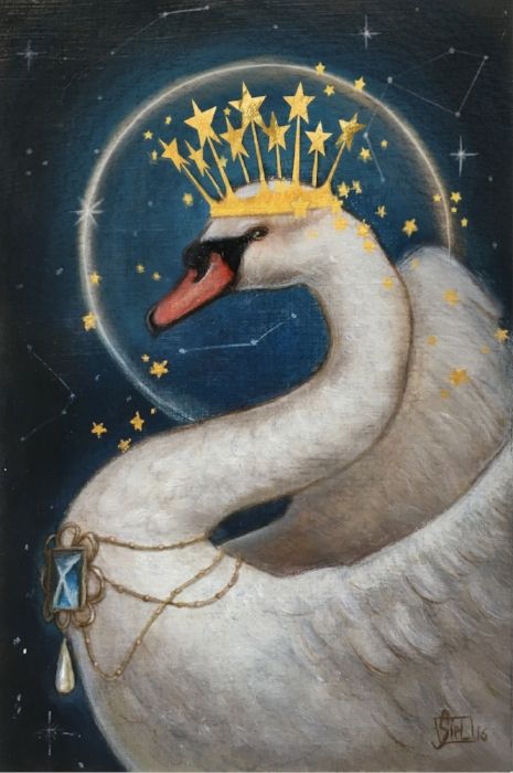 Night Swan - Andrea Sipl Swan Illustration Vintage, Swan Mythology, Swan Paintings, Swan Lake Art, Swan With Crown, Swan Crown, Art Deco Swan, Celestial Crown, Swan Illustration