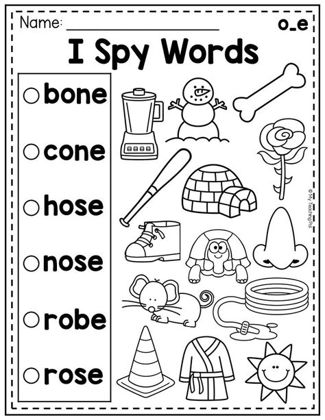 This CVCE worksheet for long o words will have your students practicing how to read long vowel words. Students read the word and then search for and color the picture that matches it. It is a fun I Spy phonics activity for Kindergarten students. I Spy Phonics, Cvce Worksheets, I Spy Worksheets, Bossy E, Word Study Activities, Words Worksheet, Kindergarten Phonics Worksheets, Homeschool Preschool Activities, Cvce Words