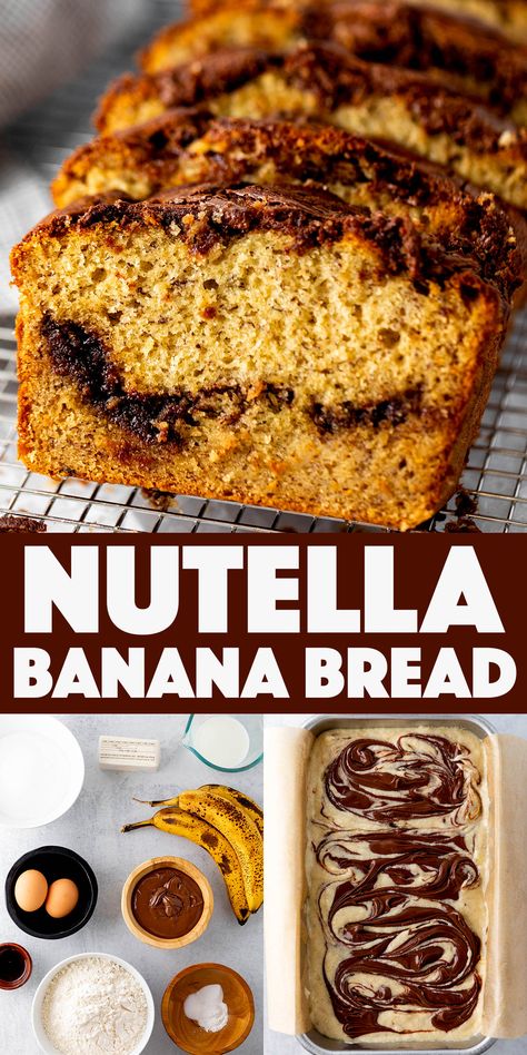 Nutella Banana Bread - soft homemade banana bread swirled with chocolatey Nutella. Nutella Banana Bread, Homemade Banana Bread, Bread Soft, Holiday Baking Recipes, Banana Nutella, Easy Homemade Recipes, Fun Easy Recipes, Quick Bread Recipes, Bread Recipes Sweet