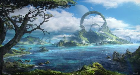 Breathtaking fantasy artwork created by designer Luka Mivsek   #landscape #fantasy #nature #scenery #photoshop #environment #digital2D #breathtaking #coast #sea Fantasy Artwork Landscape, Digital Art Landscape, Fantasy Island, Planets Art, Landscape Concept, Fantasy City, Fantasy Setting, Fantasy Places, Fantasy Art Landscapes