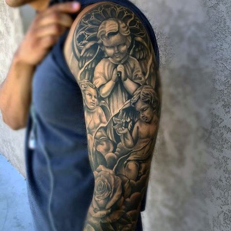 Gentleman With Religious Angels Heaven Tattoo Sleeve Cherub Angel Tattoo Sleeve, Gates Of Heaven Tattoo, Angel Sleeve Tattoo, Heaven Tattoo, Heaven Tattoos, Cherub Tattoo, Evil Tattoos, Men Tattoos Arm Sleeve, Mens Shoulder Tattoo