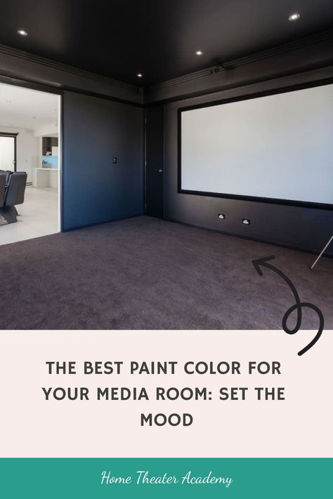 A dark-painted media room with a large screen, promoting the best paint color for home theaters. Basement Movie Room Paint Colors, Home Theatre Paint Colors, Home Theater Room Colors, Movie Room Paint Colors Home Theaters, Movie Room Color Ideas, Theater Room Colors, Theatre Room Paint Colors, Man Cave Color Scheme, Game Room Paint Colors