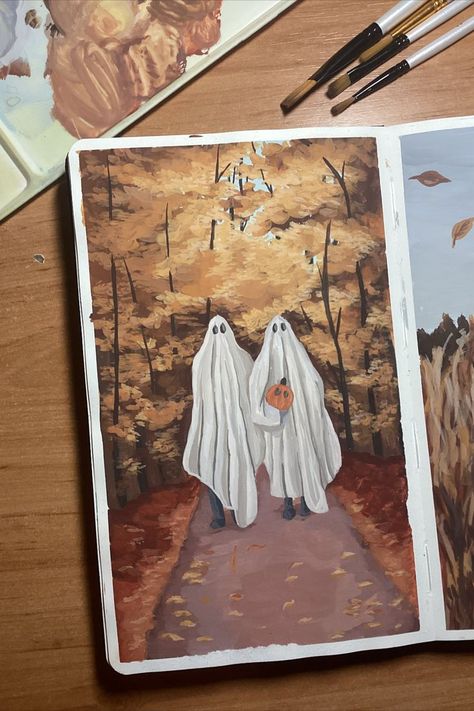 Painting Ghost, Spooky Art, Cute Paintings, Halloween Painting, Mini Drawings, Halloween Inspiration, Gouache Painting, Halloween Art, Halloween Ghosts