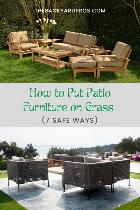 Transform your outdoor space with confidence! Discover 7 safe and practical ways to arrange your patio furniture on grass. From clever tips to prevent sinking to creative ideas for stability, this guide has you covered. Get ready to relax and entertain in style on your lush green carpet! Outdoor Grass Area, Grassy Backyard Outdoor Spaces, Chairs On Grass Backyard, Backyard Furniture On Grass Outdoor Living, Deck On Grass Ideas, Outdoor Rug For Backyard, Patio Furniture On Turf, No Patio Solutions, Garden Furniture On Grass Ideas