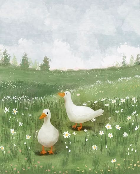 Wallpaper Iphone Ducks, August Drawings, Cute Duck Illustration, Ducks Illustration, Daisies Illustration, Meadow Illustration, Spring Wallpaper Iphone, Daisy Illustration, Flowery Background