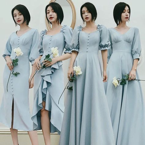 Birthday Ideas Instagram, Korean Bridesmaid Dresses, Long Dress Korean Style, Winter Bridesmaid, Gaun Dress, Sky Blue Bridesmaid Dresses, Mint Bridesmaid Dresses, Winter Bridesmaid Dresses, Cute Dresses For Party