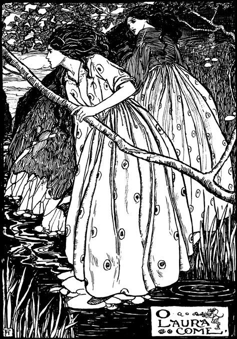 Illustration by Florence Harrison (1877-1955) for "Goblin Market, and other Poems" by Christina Rossetti (1910). - Aesthethos Misty Moors, Florence Harrison, Age Illustration, Market Illustration, Pre Raphaelites, Goblin Market, Amanda Clark, Nice Drawings, Edmund Dulac