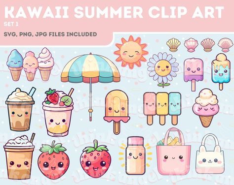 Kawaii Weather, Summer Clip Art, Ice Cream Cute, Kawaii Ice Cream, Kawaii Summer, Summer Vector, Kids Workshop, Kawaii Clipart, Cute Food Drawings