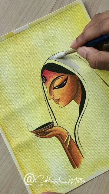 Two Colour Painting, Abstract Durga Painting, Durgapuja Drawing, One Colour Painting, Durga Painting Artworks, Watercolour Art Aesthetic, Indian Abstract Art, Durga Drawing, Lady Drawing