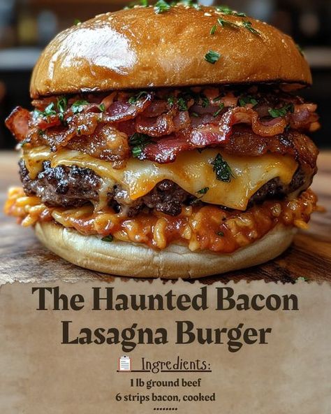 **The Haunted Bacon Lasagna Burger** 🥓🍔🧀👻 Picture this: a dark and stormy night, the wind howling outside as you prepare to sink your teeth into something *truly unforgettable*... Meet the **Haunted Bacon Lasagna Burger**, where each bite is a thrilling combination of crispy bacon, rich lasagna noodles, and juicy beef, wrapped in the comforting warmth of cheese and marinara. It's not just a meal, it's a *journey*—one that will have your taste buds haunted by its deliciousness long after th... Lasagna Burger, Bacon Lasagna, Loaded Burger, Dark And Stormy Night, Dark And Stormy, Lasagna Noodles, How To Make Bacon, Bacon Burger, Cheese Burger