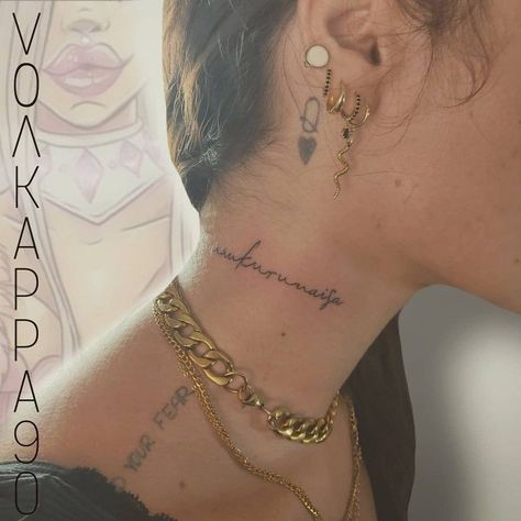 Arabic Tattoo On Neck, Neck Line Tattoos Women, Name On Neck Tattoo For Women, Neck Tattoo Cursive, Cursive Name Tattoo On Neck, Cursive Neck Tattoos Women, Name Neck Tattoo For Women, Word Neck Tattoos Women, Neck Writing Tattoo