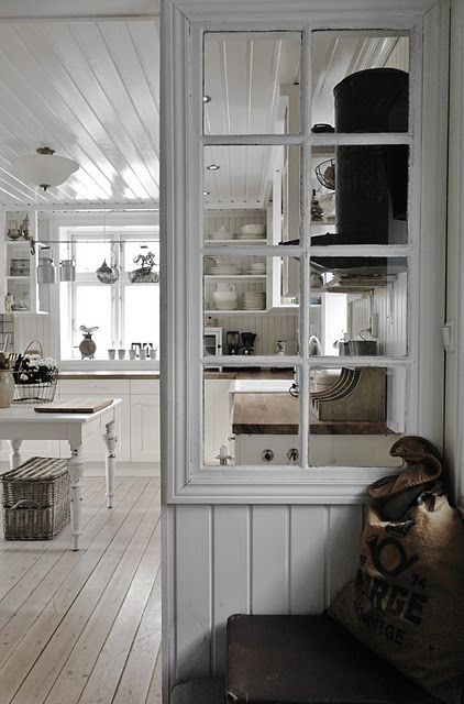 Reuse an old window as a partition wall. Nice clean look, love the wood floors and ceiling. (I'd opt for more color in my house but appreciate this 'crisp' farmhouse look.) #HoustonCustomHomeBuilders Deco Champetre, Style Cottage, Old Windows, Partition Wall, Design Del Prodotto, Vintage Interior, Style At Home, Home Fashion, 인테리어 디자인