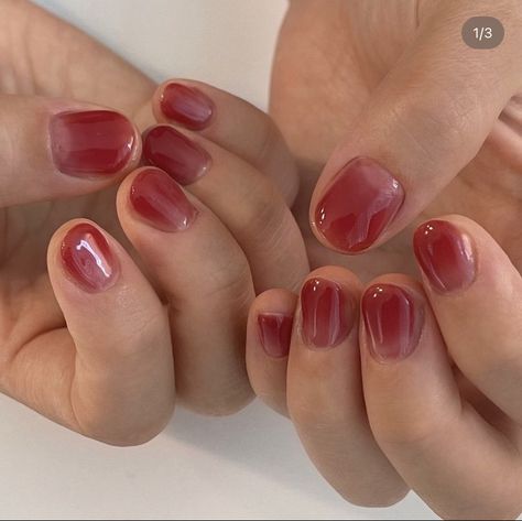 Jelly Plum Red Nails, Sheer Jelly Nails, Sheer Red Nails, Red Douyin Nails, Super Short Gel Nails, Red Ombre Nails, Sheer Nails, Magic Nails, Ombre Acrylic Nails