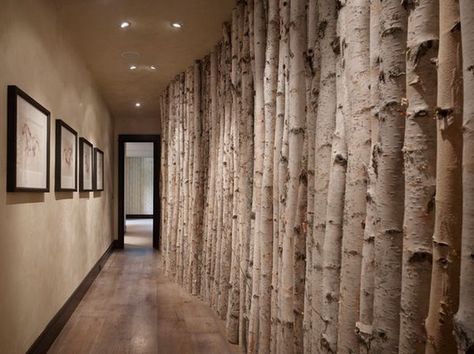 12 Ways To Use Actual Birch Trees In Your Home ~The birch trees give this long hallway a very interesting look. Arranged side by side along the wall, the trees impress with their beautiful texture and color. In fact, the color of the bark closely matches that on the wall and ceiling~ Tree Interior, Design Hall, Birch Branches, Long Hallway, Hall Design, Birch Trees, Design Del Prodotto, Ranch House, 인테리어 디자인