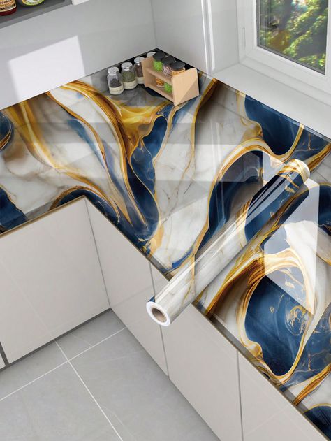 1pc Dark Blue And Gold Marbling Waterproof And Oil Proof Pvc Self-adhesive Kitchen Accessories Drawer/shelf Liner, Table/countertop Protection Sticker, Household Chalkboard Sticker, Marble WallpaperI discovered amazing products on SHEIN.com, come check them out! Blue And Gold Kitchen Ideas, Navy And Cream Kitchen, Blue And Gold Kitchen, Accessories Drawer, Chalkboard Stickers, Drawer Shelf, Kitchen Stickers, Drawer And Shelf Liners, Family Estate